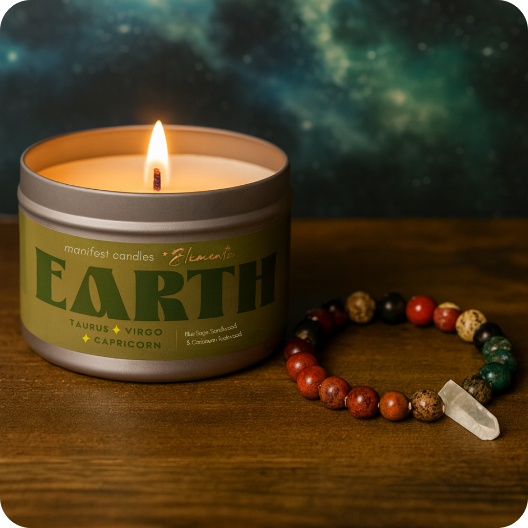 DOWN-TO-EARTH FIRE ELEMENT CANDLE + CRYSTAL BRACELET  