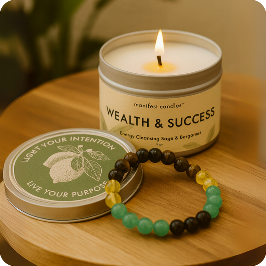 Manifest Wealth & Success Candle + Crystal Bracelet