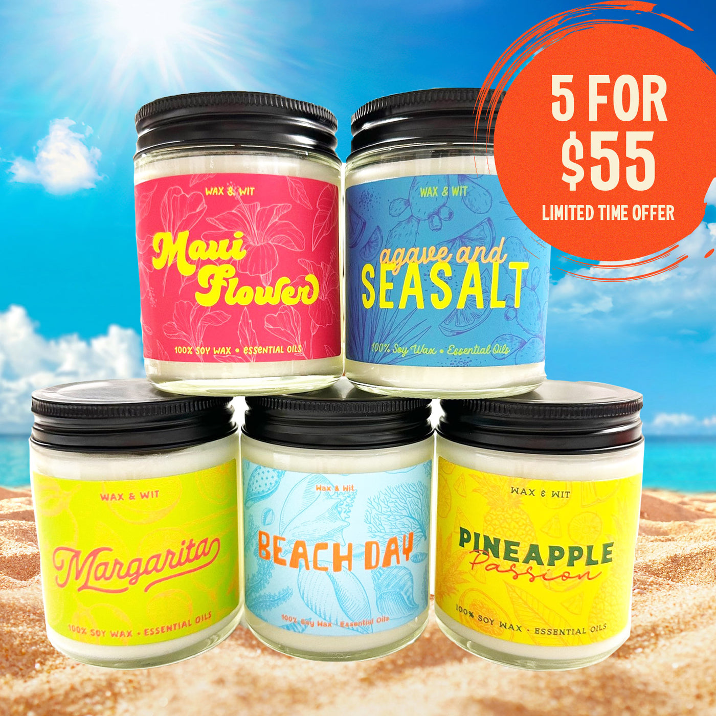 5 for $55 Soy Wax Beach Candle Bundle